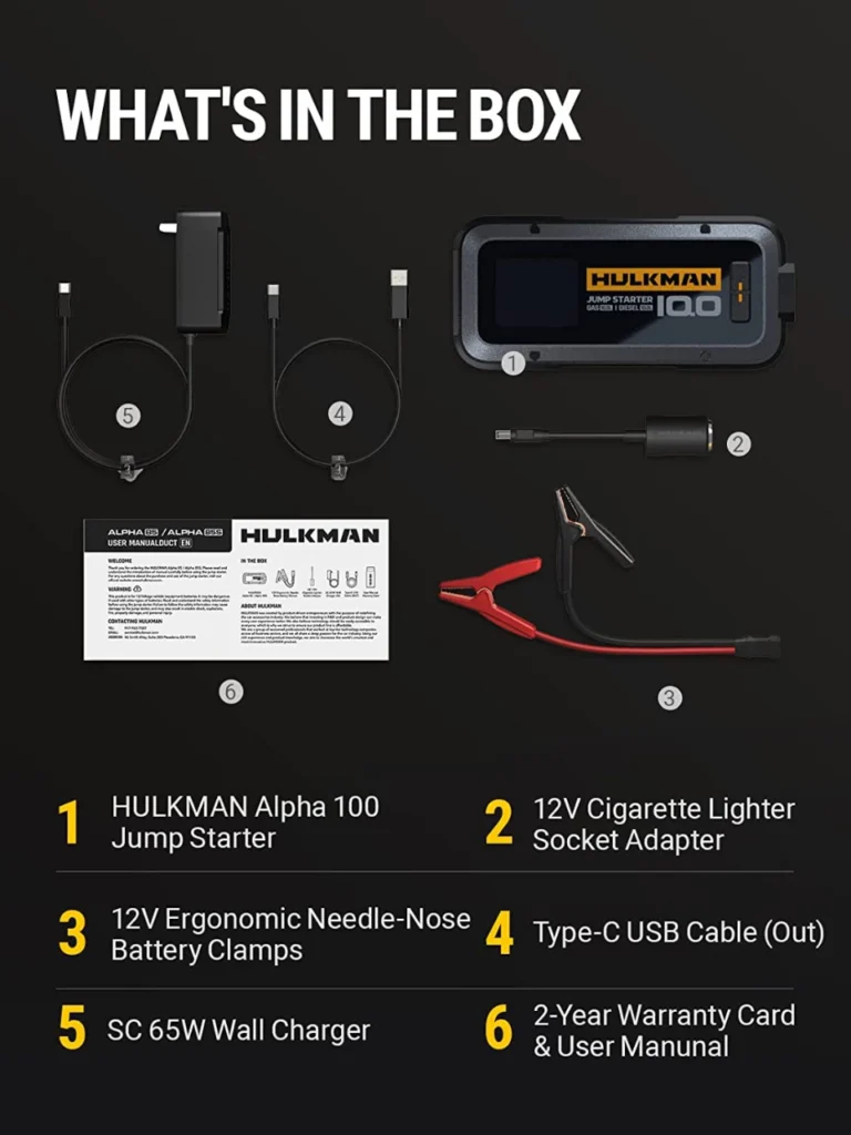 Package contents of the Hulkman jump starter 100