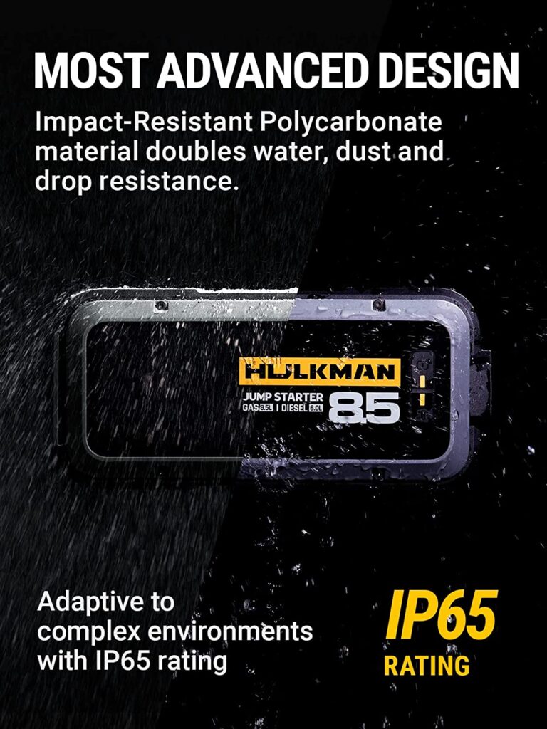 The Hulkman 2000 amps jump starter is impact and water resistant
