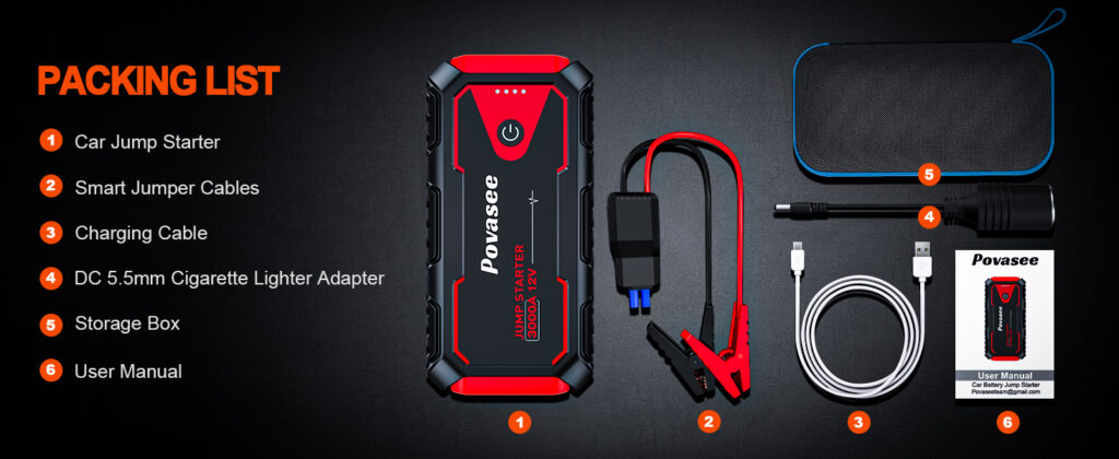 What is inside the box of the Povasee Jump Starter 3000A